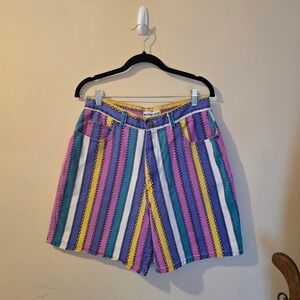 Northwest Blue Vintage Striped Denim Shorts Womens Multicolor Embroidered Retro